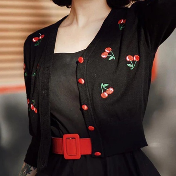 Belle Pogue Retro Embroidered Cherry Cropped V-Neck Cardigan Women's XL BLACK - Picture 11 of 16